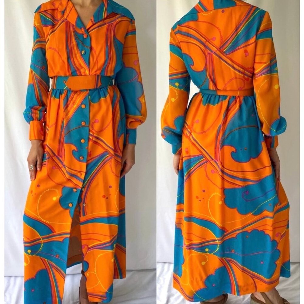 70s vintage multicolor abstract print collared button up maxi dress hostess gown